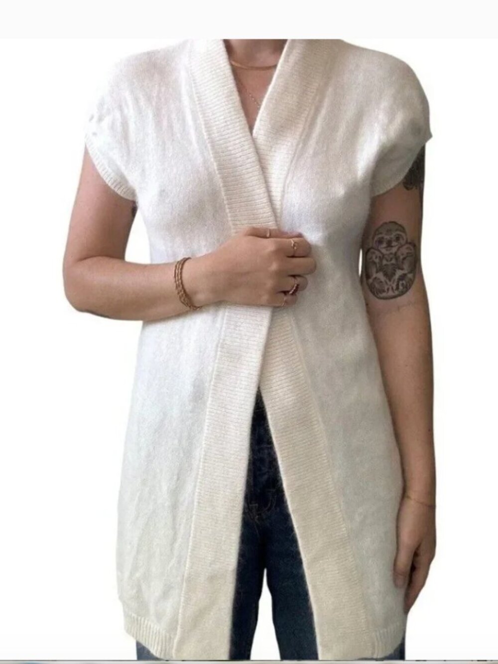 Ann Taylor White Angora Blend Short Sleeve Cardigan Sweater Size M